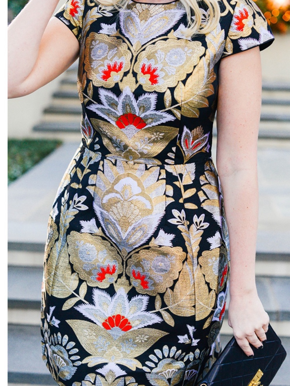 Ted Baker Black Midi Dress with Gold and Red Jacquard Floral, Sz 0 , like new.